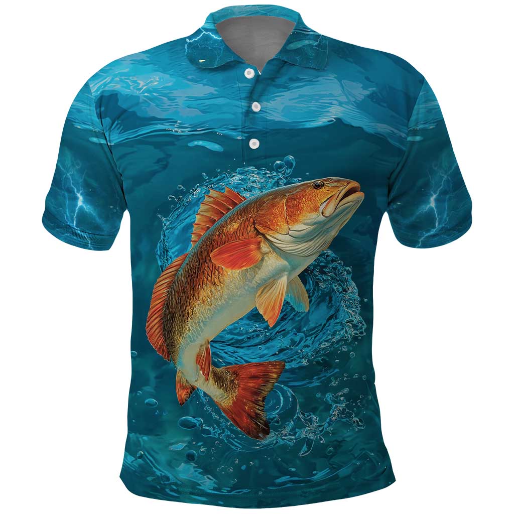 Personalized Redfish Puppy Drum Leaping in Ocean Splash Polo Shirt Blue Lightning Water Background Design TS04