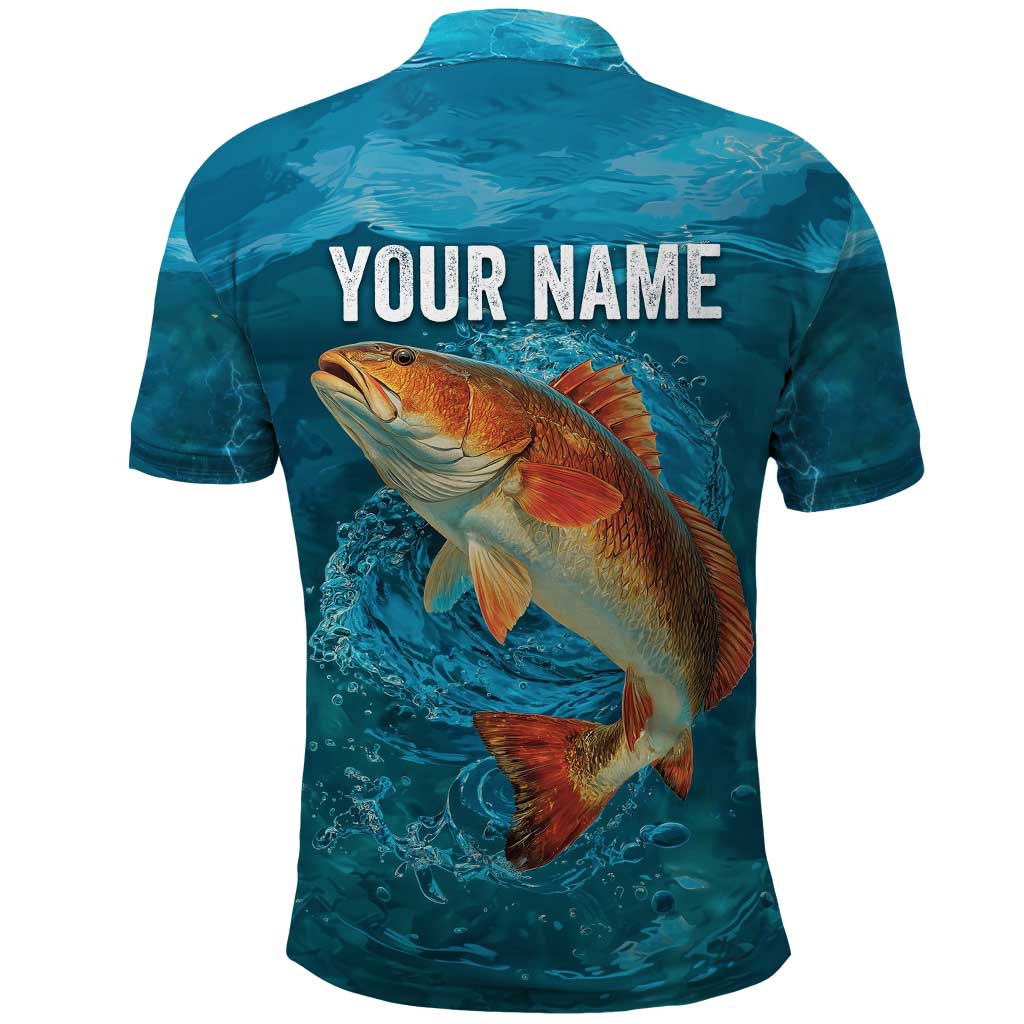 Personalized Redfish Puppy Drum Leaping in Ocean Splash Polo Shirt Blue Lightning Water Background Design TS04