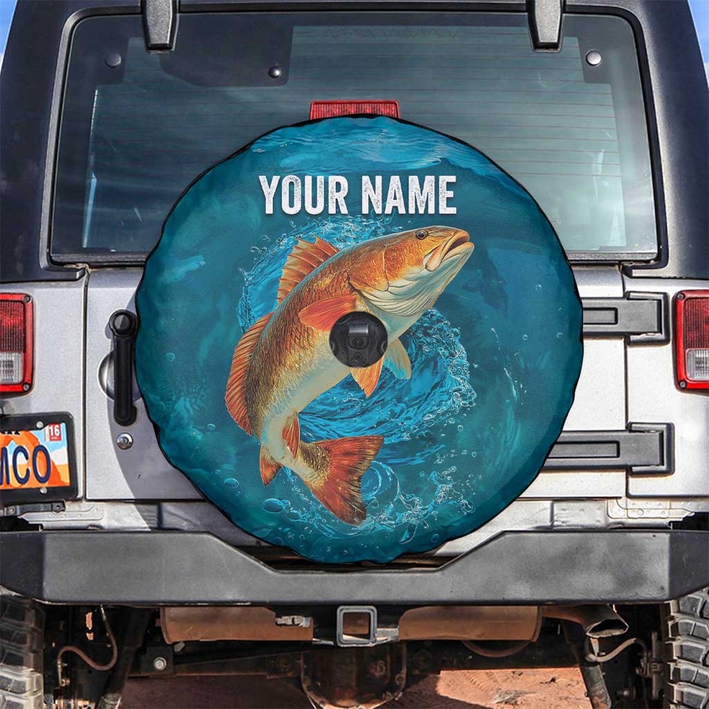 Personalized Redfish Puppy Drum Leaping in Ocean Splash Spare Tire Cover Blue Lightning Water Background Design TS04