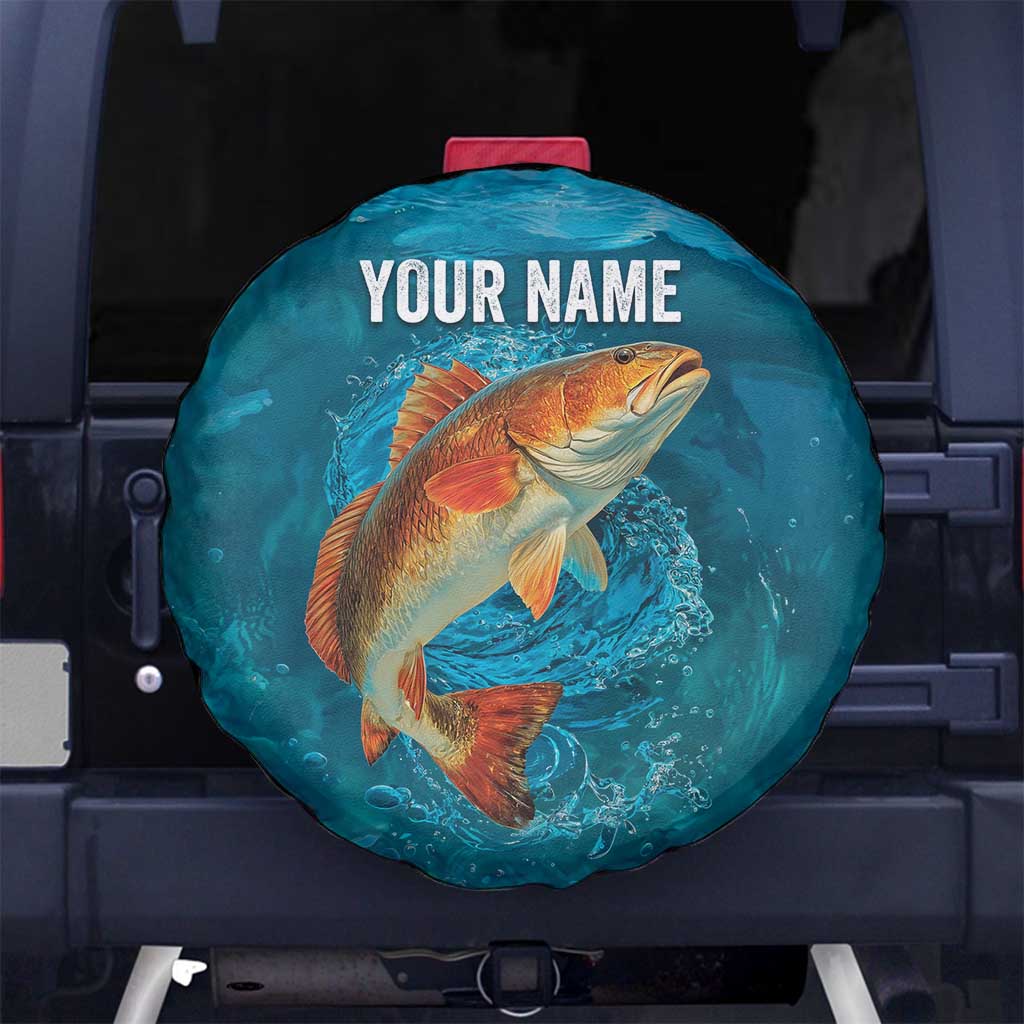 Personalized Redfish Puppy Drum Leaping in Ocean Splash Spare Tire Cover Blue Lightning Water Background Design TS04