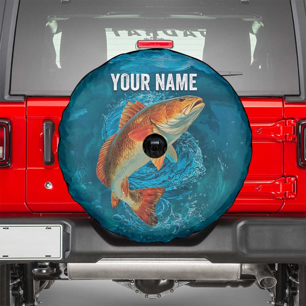 Personalized Redfish Puppy Drum Leaping in Ocean Splash Spare Tire Cover Blue Lightning Water Background Design TS04