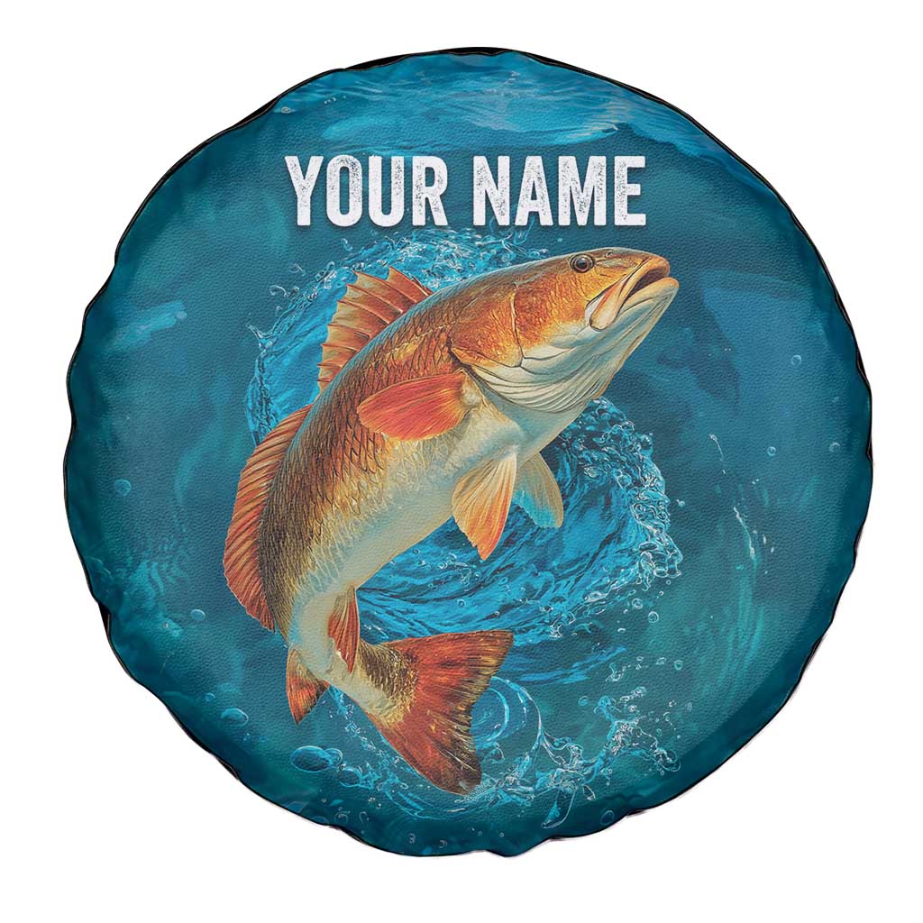 Personalized Redfish Puppy Drum Leaping in Ocean Splash Spare Tire Cover Blue Lightning Water Background Design TS04