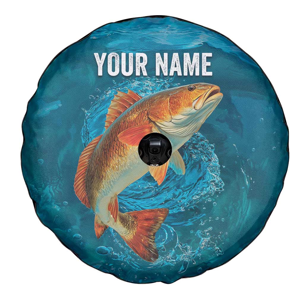 Personalized Redfish Puppy Drum Leaping in Ocean Splash Spare Tire Cover Blue Lightning Water Background Design TS04