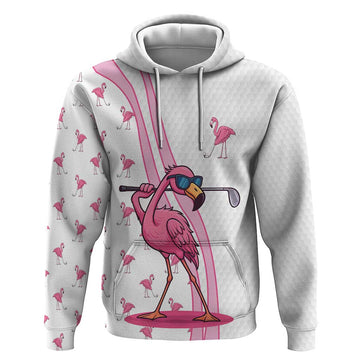 Personalized Pink Flamingo Playing Golf Hoodie Sunglasses and White Pattern Background Design TS04