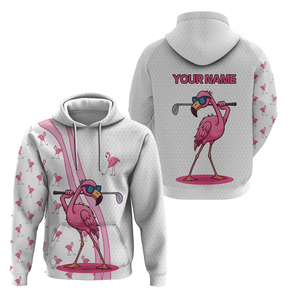 Personalized Pink Flamingo Playing Golf Hoodie Sunglasses and White Pattern Background Design TS04