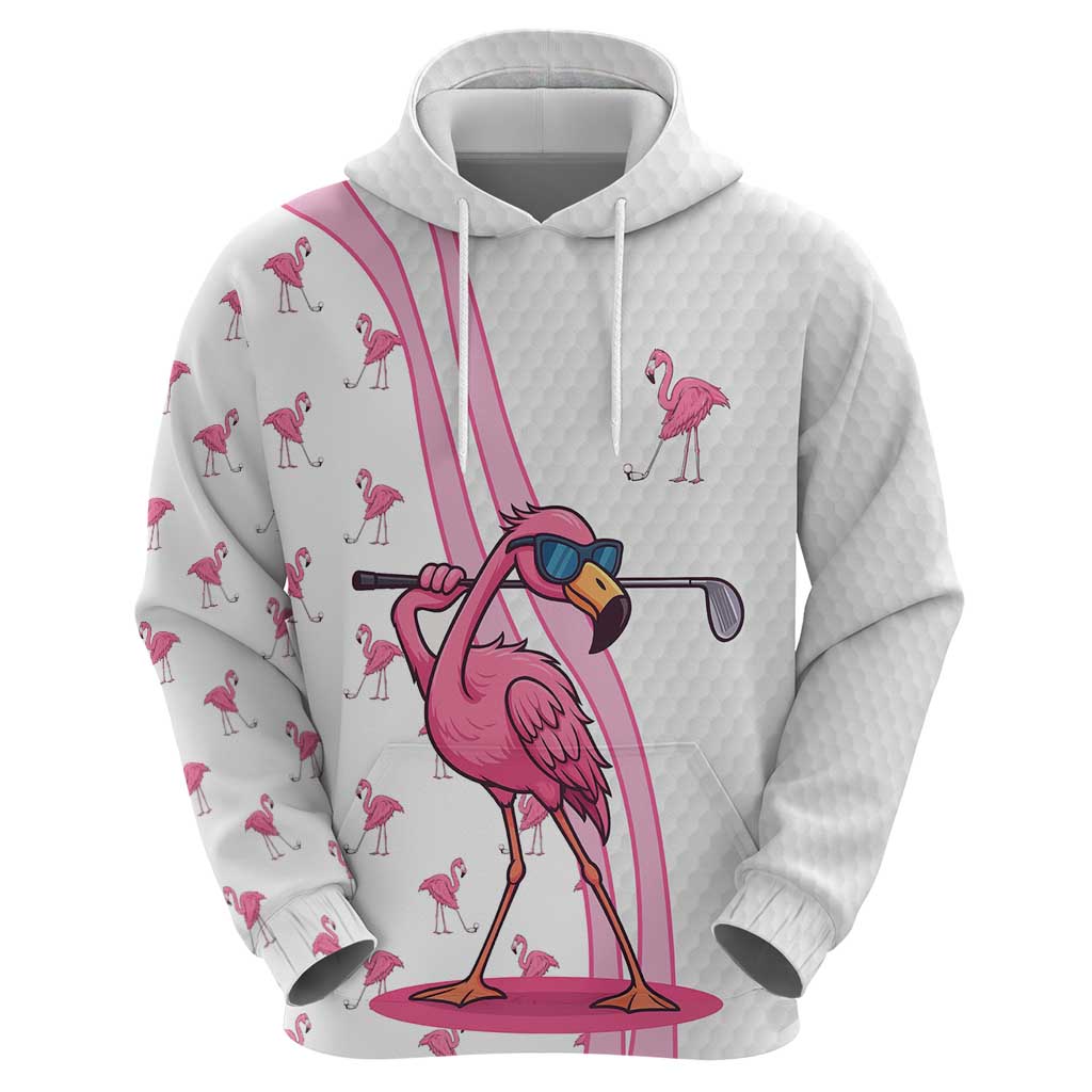 Personalized Pink Flamingo Playing Golf Hoodie Sunglasses and White Pattern Background Design TS04