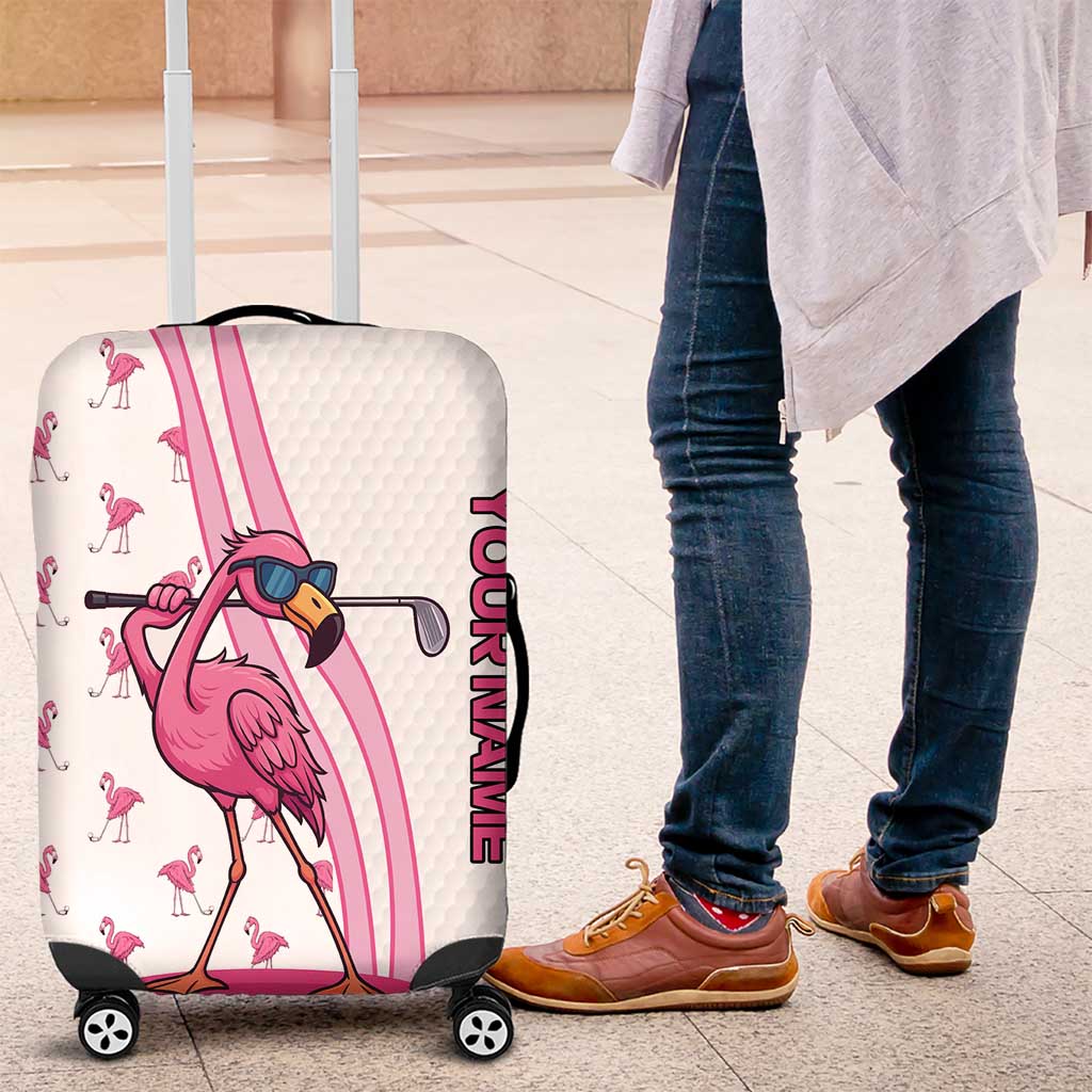 Personalized Pink Flamingo Playing Golf Luggage Cover Sunglasses and White Pattern Background Design TS04