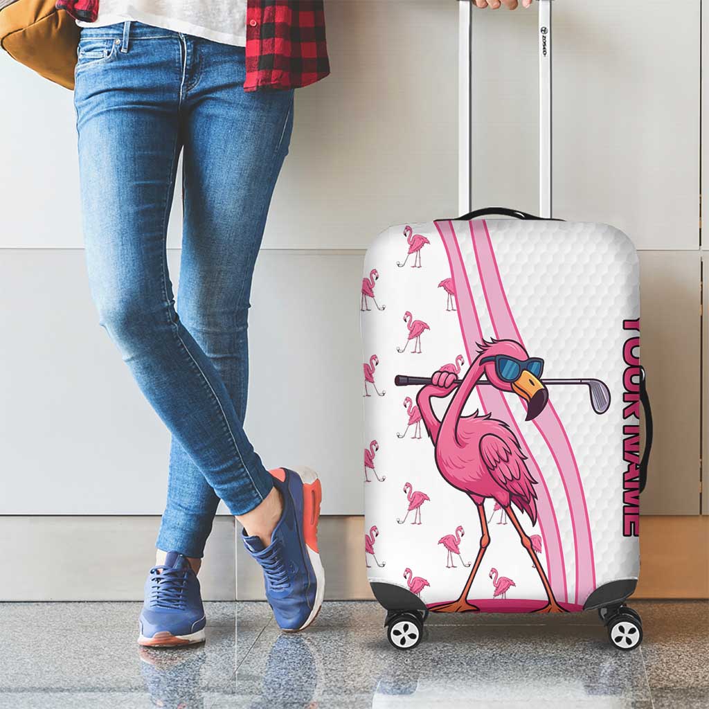 Personalized Pink Flamingo Playing Golf Luggage Cover Sunglasses and White Pattern Background Design TS04
