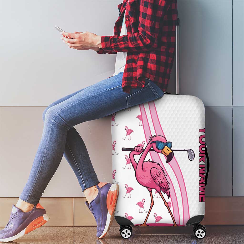 Personalized Pink Flamingo Playing Golf Luggage Cover Sunglasses and White Pattern Background Design TS04