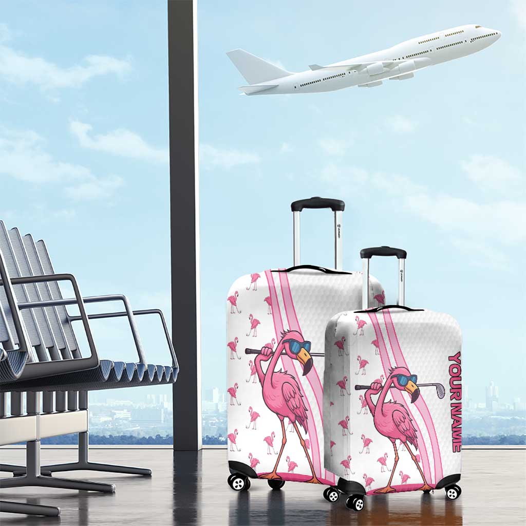 Personalized Pink Flamingo Playing Golf Luggage Cover Sunglasses and White Pattern Background Design TS04