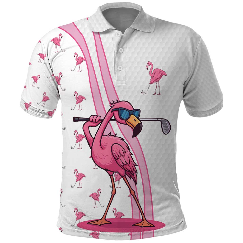 Personalized Pink Flamingo Playing Golf Polo Shirt Sunglasses and White Pattern Background Design TS04