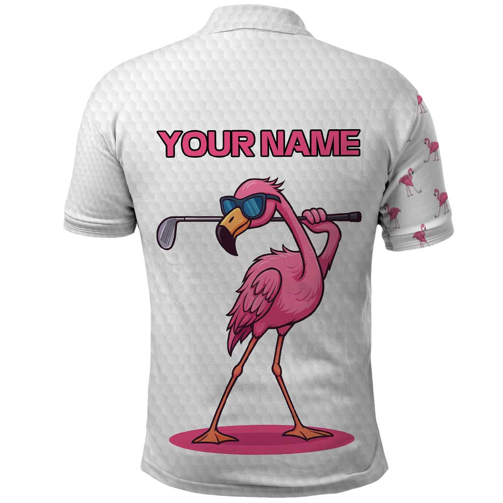 Personalized Pink Flamingo Playing Golf Polo Shirt Sunglasses and White Pattern Background Design TS04