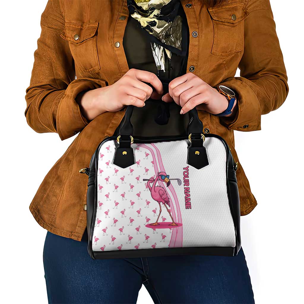 Personalized Pink Flamingo Playing Golf Shoulder Handbag Sunglasses and White Pattern Background Design TS04