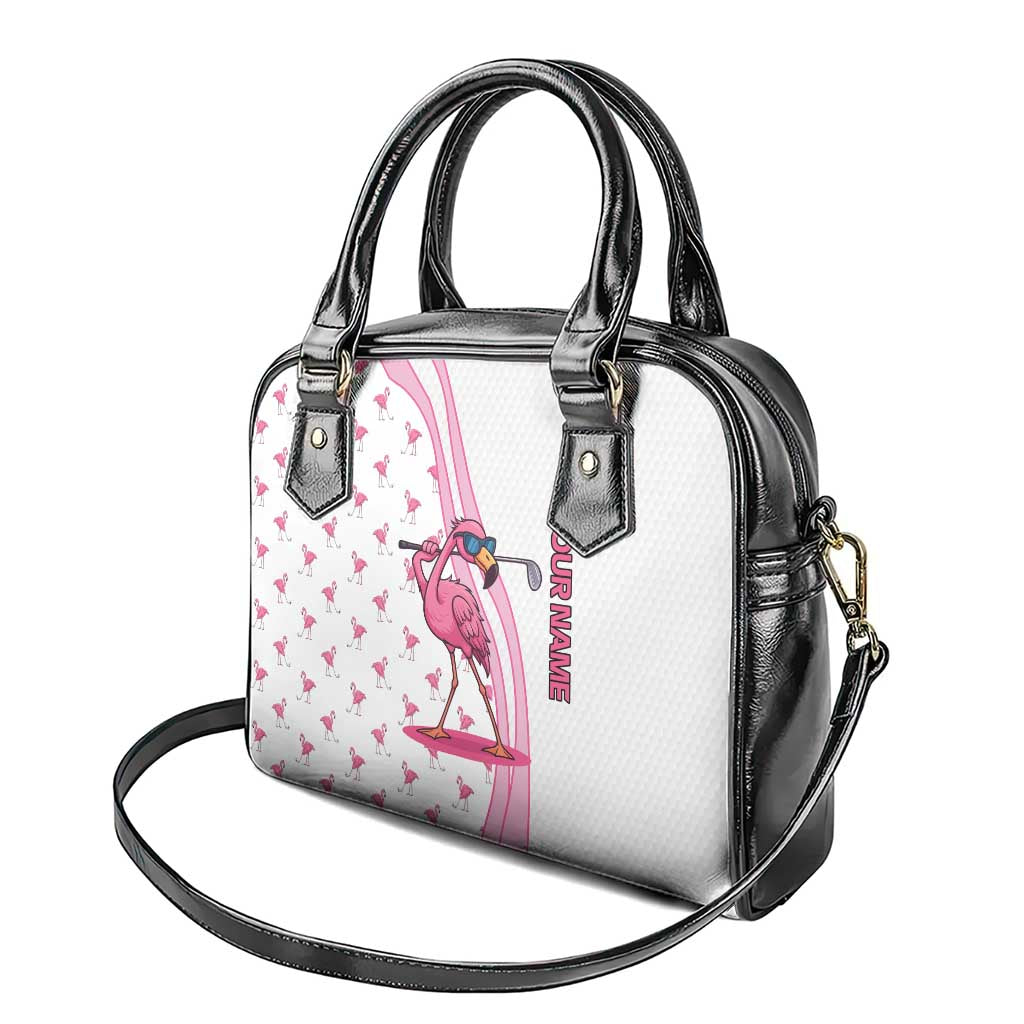 Personalized Pink Flamingo Playing Golf Shoulder Handbag Sunglasses and White Pattern Background Design TS04