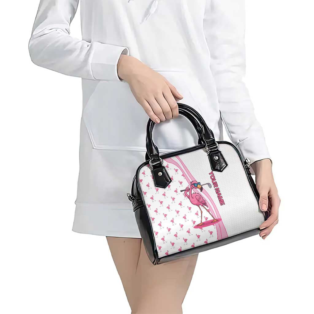 Personalized Pink Flamingo Playing Golf Shoulder Handbag Sunglasses and White Pattern Background Design TS04