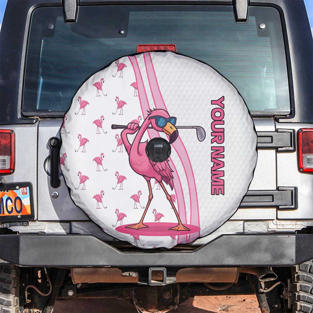 Personalized Pink Flamingo Playing Golf Spare Tire Cover Sunglasses and White Pattern Background Design TS04