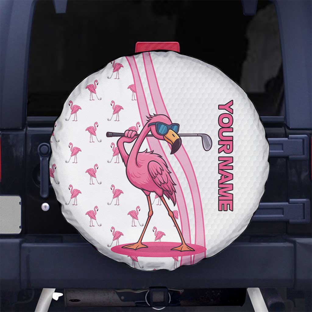Personalized Pink Flamingo Playing Golf Spare Tire Cover Sunglasses and White Pattern Background Design TS04