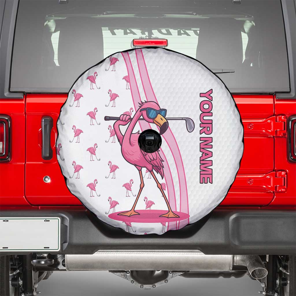 Personalized Pink Flamingo Playing Golf Spare Tire Cover Sunglasses and White Pattern Background Design TS04
