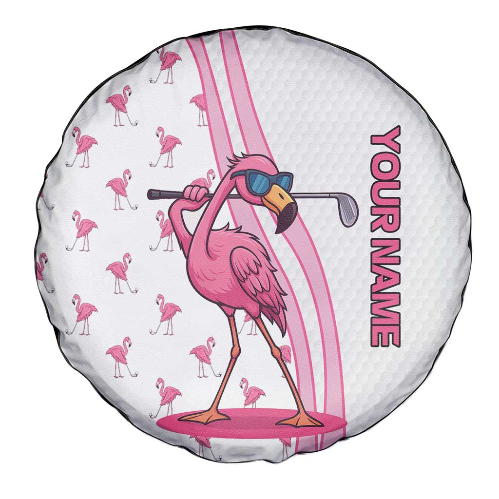 Personalized Pink Flamingo Playing Golf Spare Tire Cover Sunglasses and White Pattern Background Design TS04