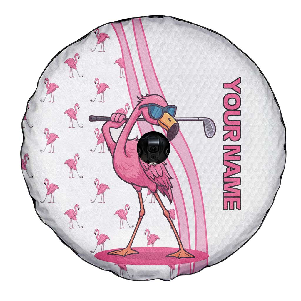 Personalized Pink Flamingo Playing Golf Spare Tire Cover Sunglasses and White Pattern Background Design TS04