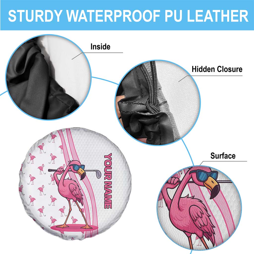 Personalized Pink Flamingo Playing Golf Spare Tire Cover Sunglasses and White Pattern Background Design TS04
