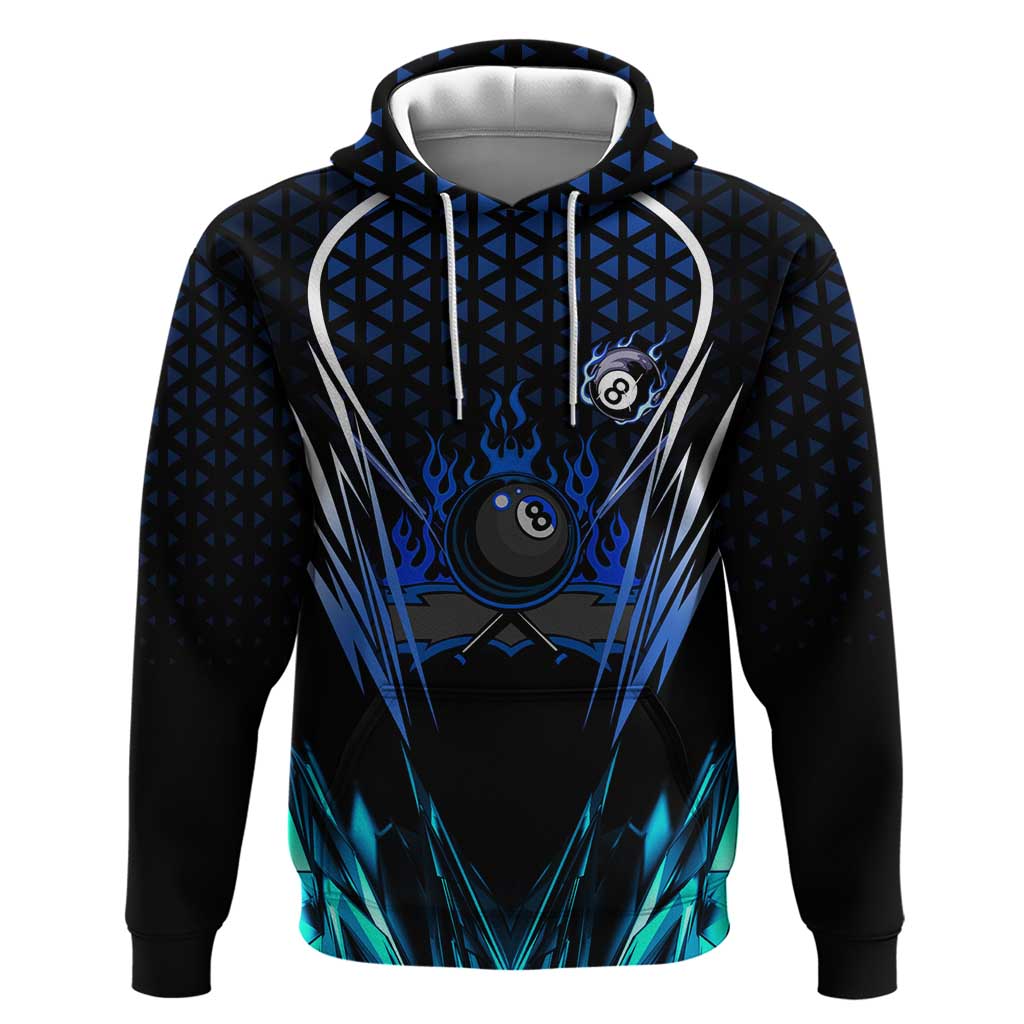 Billiards Design Hoodie with Blue Flame Eight Ball and Lightning Pattern in Black Cyan Gradient Background TS04