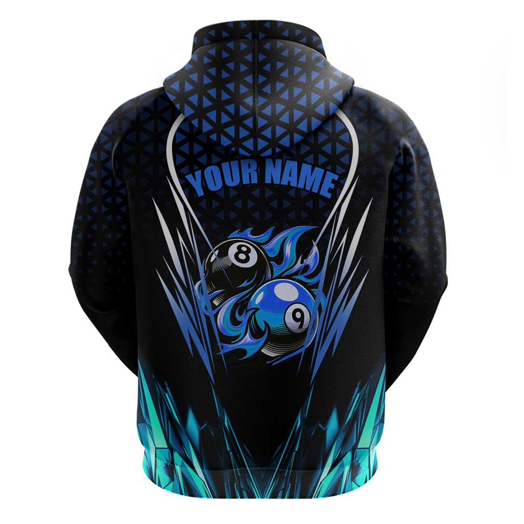 Billiards Design Hoodie with Blue Flame Eight Ball and Lightning Pattern in Black Cyan Gradient Background TS04
