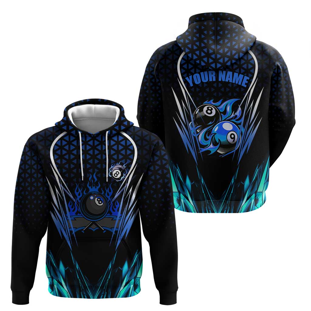 Billiards Design Hoodie with Blue Flame Eight Ball and Lightning Pattern in Black Cyan Gradient Background TS04