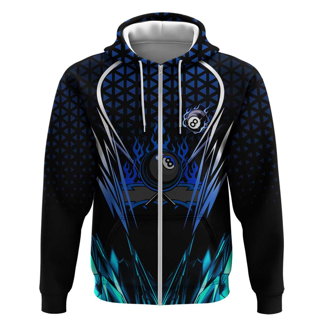 Billiards Design Hoodie with Blue Flame Eight Ball and Lightning Pattern in Black Cyan Gradient Background TS04
