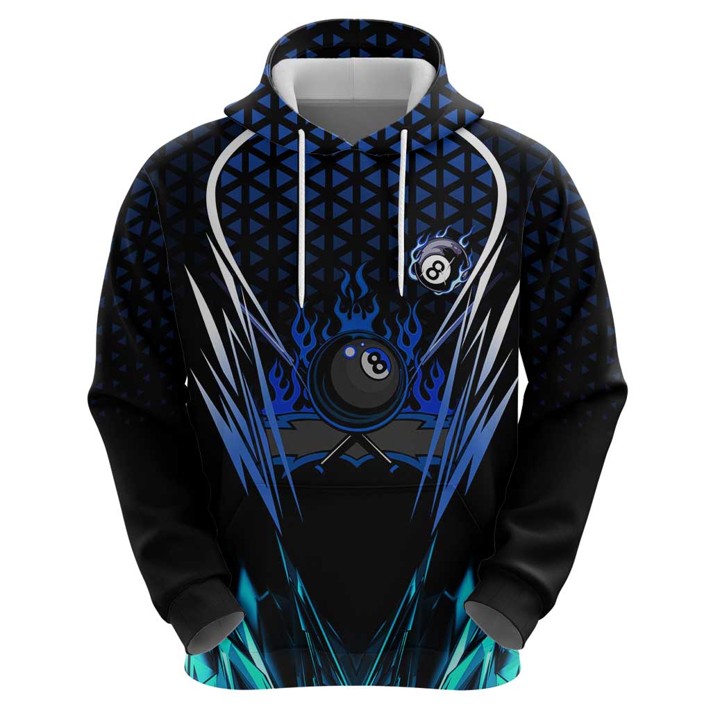 Billiards Design Hoodie with Blue Flame Eight Ball and Lightning Pattern in Black Cyan Gradient Background TS04