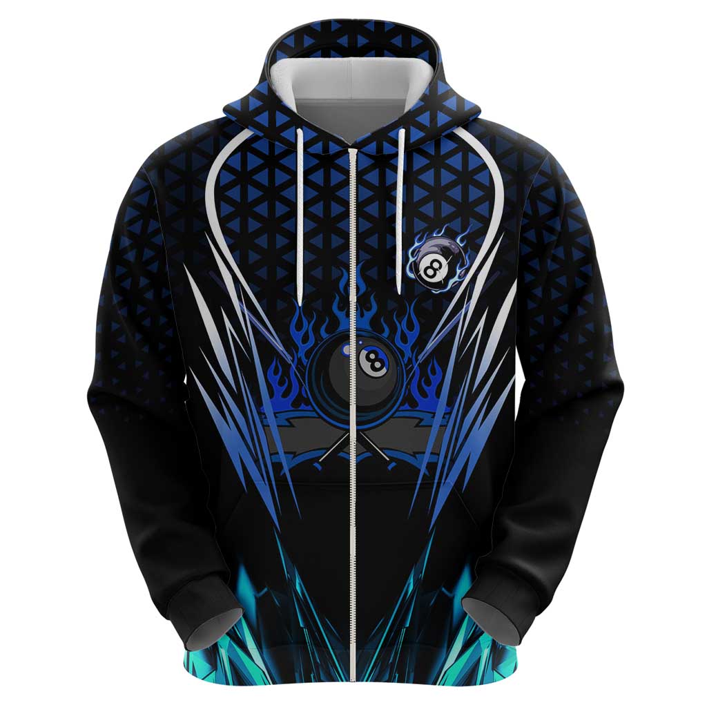 Billiards Design Hoodie with Blue Flame Eight Ball and Lightning Pattern in Black Cyan Gradient Background TS04
