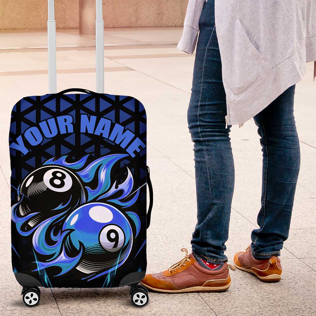 Billiards Design Luggage Cover with Blue Flame Eight Ball and Lightning Pattern in Black Cyan Gradient Background TS04