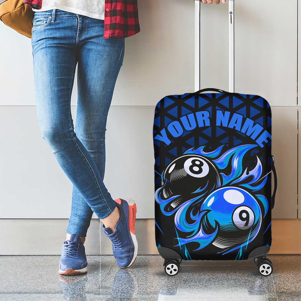 Billiards Design Luggage Cover with Blue Flame Eight Ball and Lightning Pattern in Black Cyan Gradient Background TS04