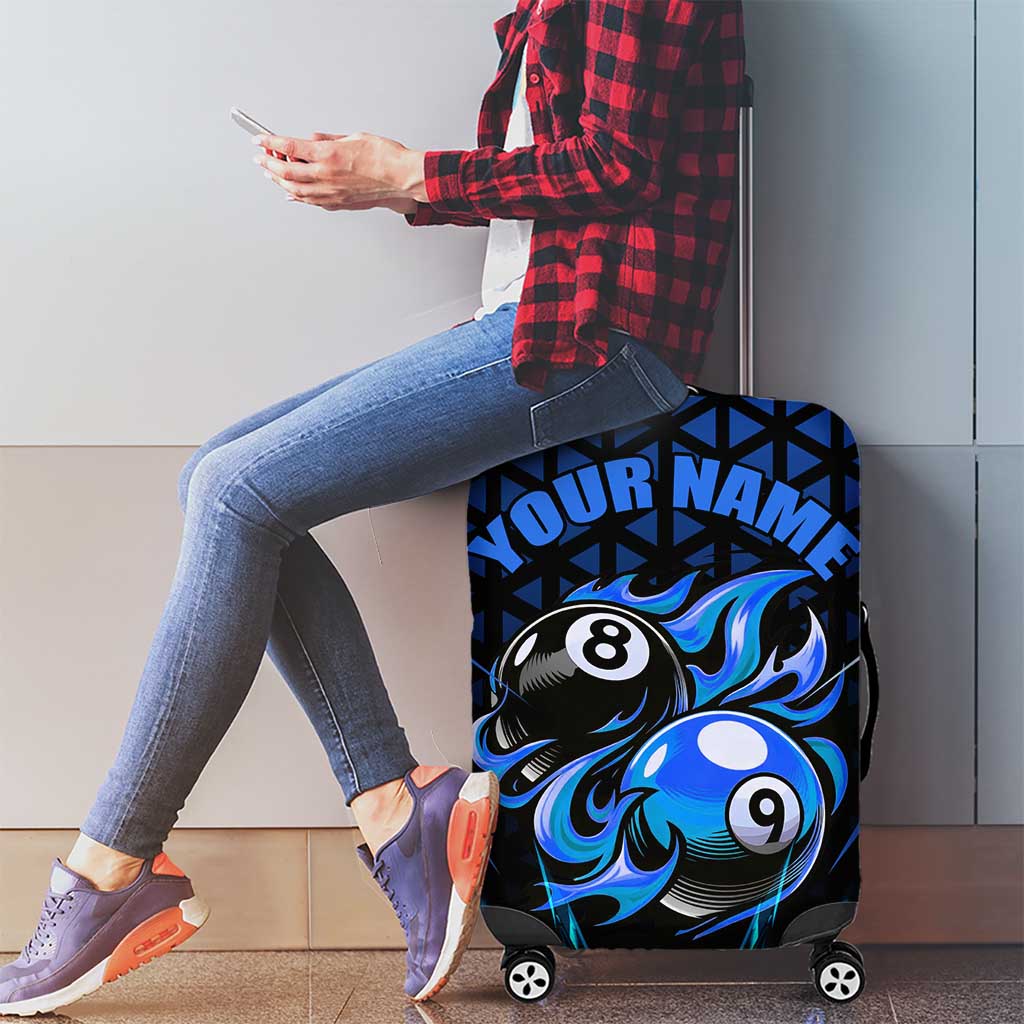 Billiards Design Luggage Cover with Blue Flame Eight Ball and Lightning Pattern in Black Cyan Gradient Background TS04