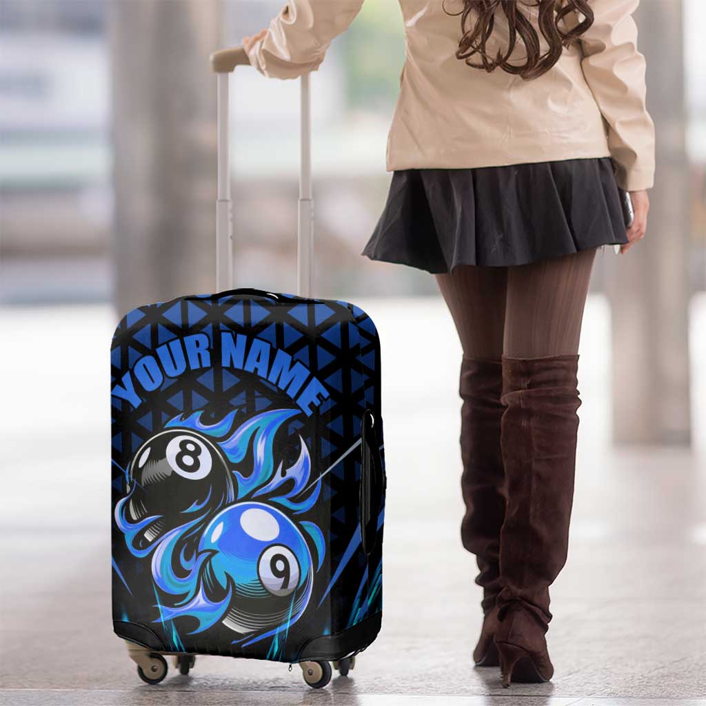 Billiards Design Luggage Cover with Blue Flame Eight Ball and Lightning Pattern in Black Cyan Gradient Background TS04