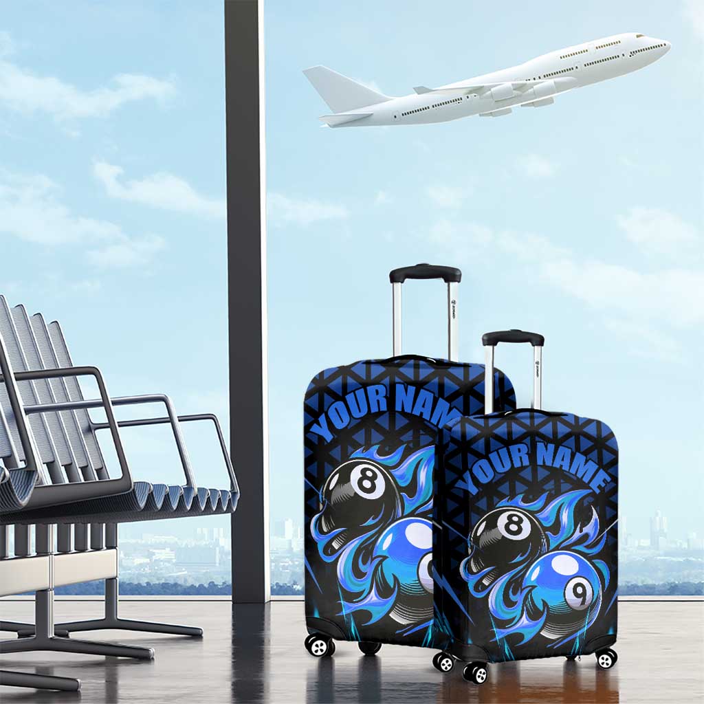 Billiards Design Luggage Cover with Blue Flame Eight Ball and Lightning Pattern in Black Cyan Gradient Background TS04