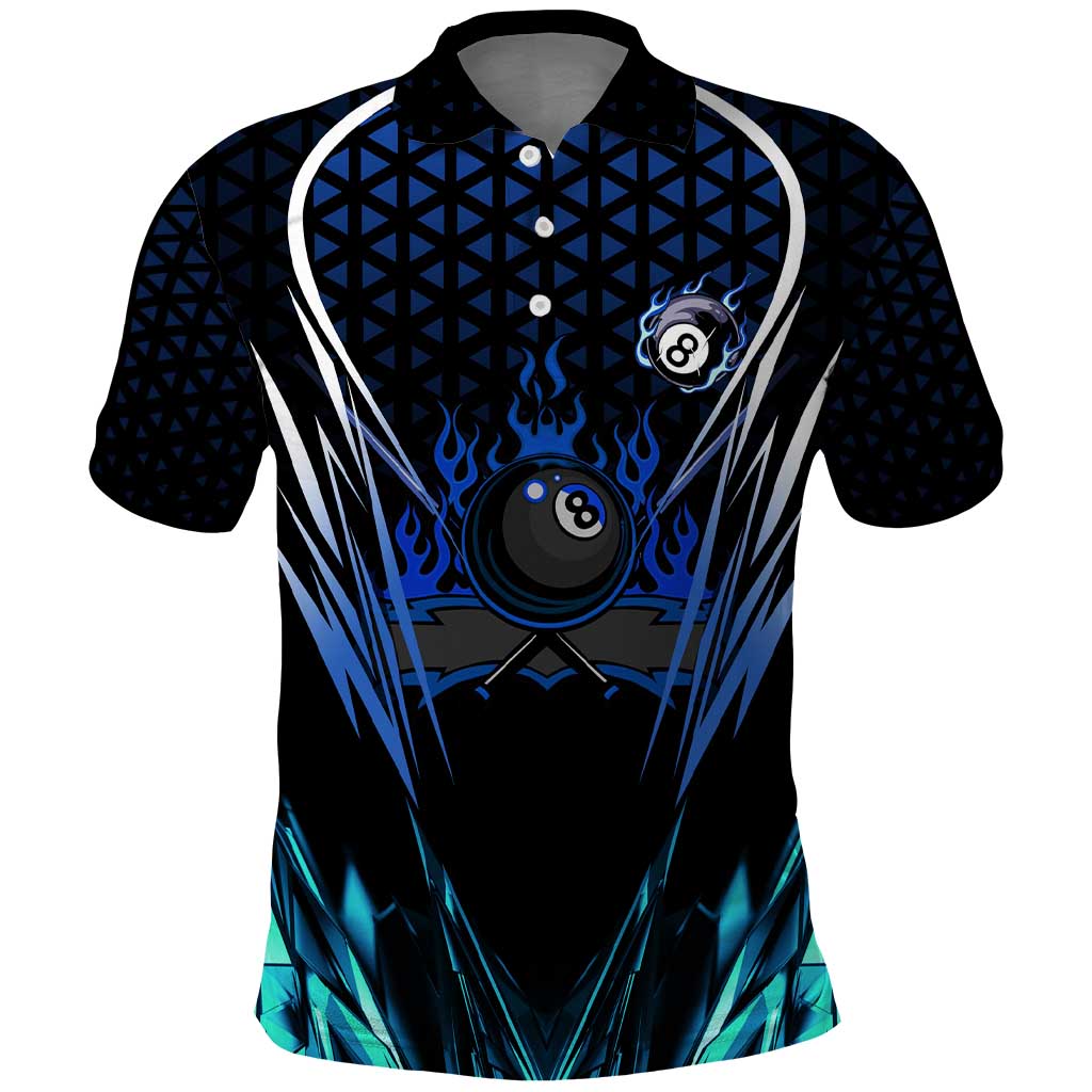 Billiards Design Polo Shirt with Blue Flame Eight Ball and Lightning Pattern in Black Cyan Gradient Background TS04