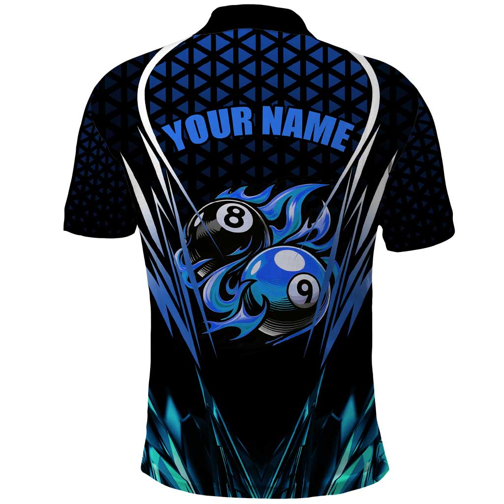 Billiards Design Polo Shirt with Blue Flame Eight Ball and Lightning Pattern in Black Cyan Gradient Background TS04