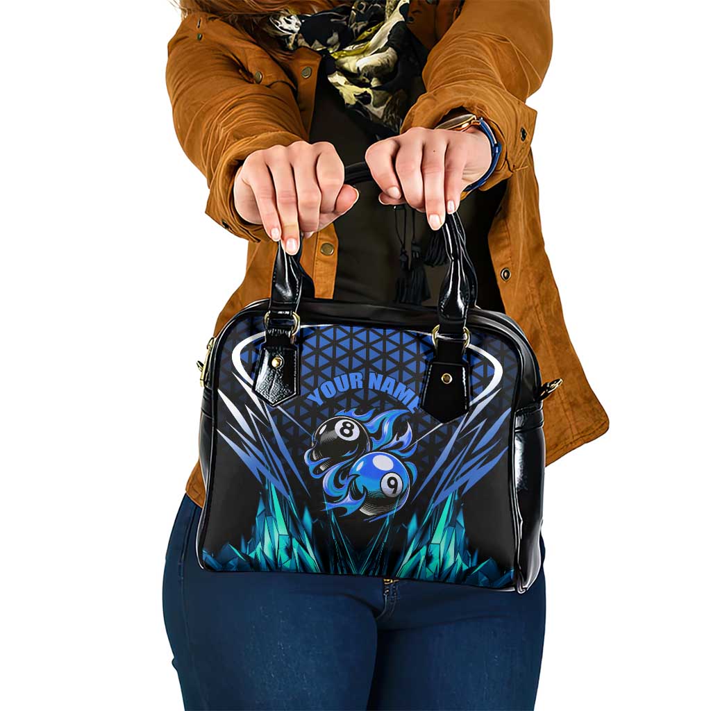 Billiards Design Shoulder Handbag with Blue Flame Eight Ball and Lightning Pattern in Black Cyan Gradient Background TS04