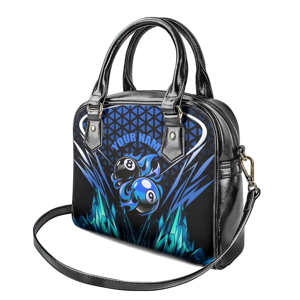 Billiards Design Shoulder Handbag with Blue Flame Eight Ball and Lightning Pattern in Black Cyan Gradient Background TS04