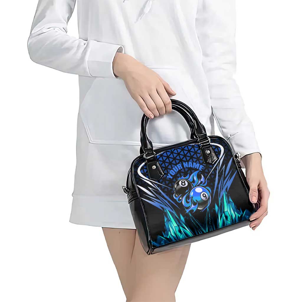 Billiards Design Shoulder Handbag with Blue Flame Eight Ball and Lightning Pattern in Black Cyan Gradient Background TS04