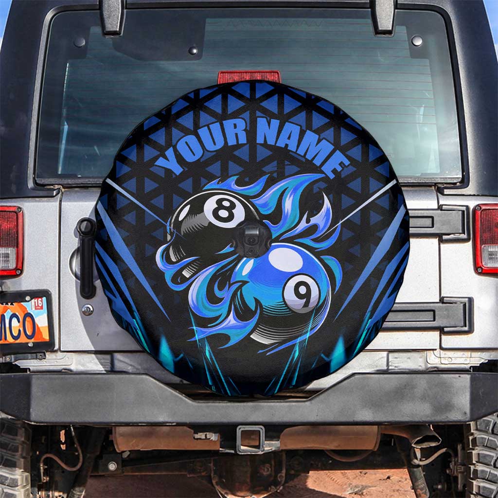 Billiards Design Spare Tire Cover with Blue Flame Eight Ball and Lightning Pattern in Black Cyan Gradient Background TS04
