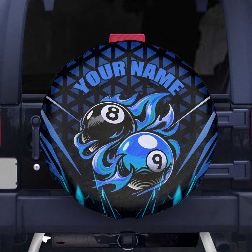 Billiards Design Spare Tire Cover with Blue Flame Eight Ball and Lightning Pattern in Black Cyan Gradient Background TS04
