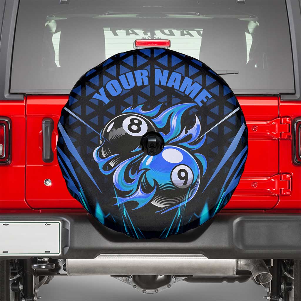 Billiards Design Spare Tire Cover with Blue Flame Eight Ball and Lightning Pattern in Black Cyan Gradient Background TS04