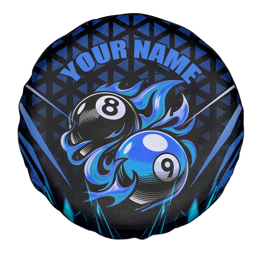 Billiards Design Spare Tire Cover with Blue Flame Eight Ball and Lightning Pattern in Black Cyan Gradient Background TS04