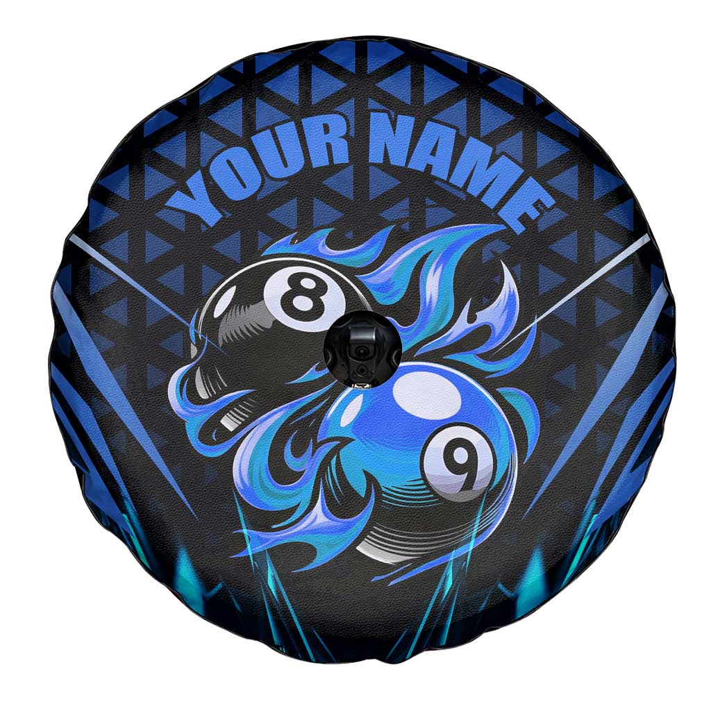 Billiards Design Spare Tire Cover with Blue Flame Eight Ball and Lightning Pattern in Black Cyan Gradient Background TS04