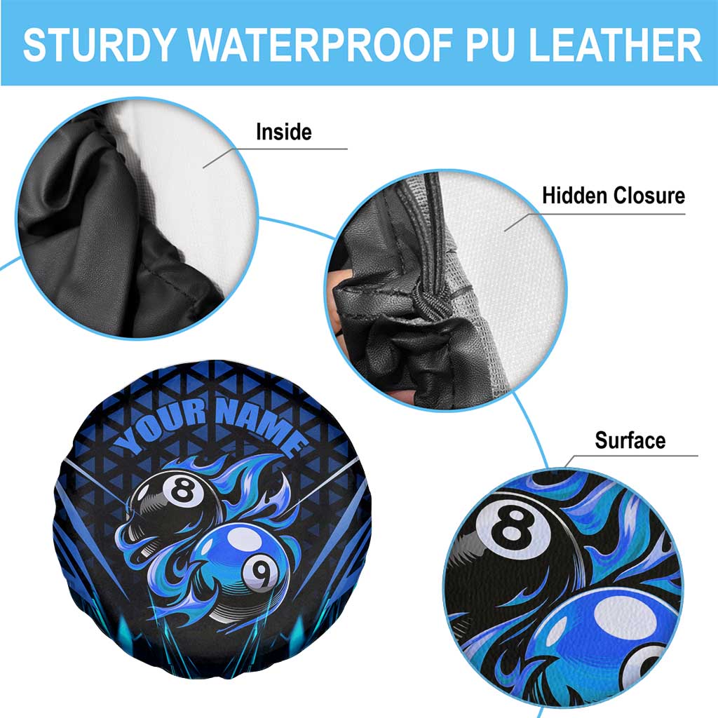 Billiards Design Spare Tire Cover with Blue Flame Eight Ball and Lightning Pattern in Black Cyan Gradient Background TS04