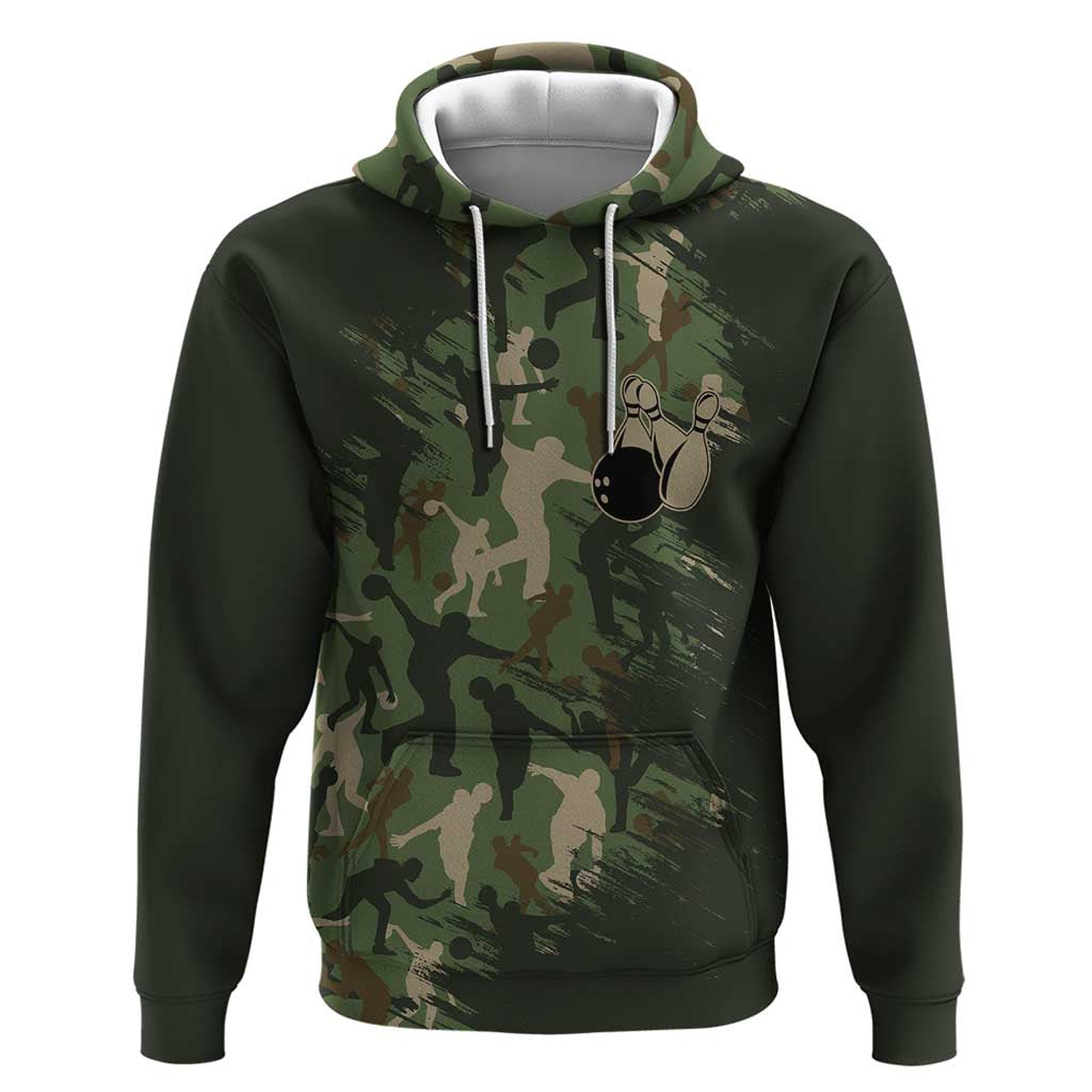 Bowling Camouflage Pattern Hoodie with Ball and Pins Graphic in Army Green and Beige Brushstroke Design TS04