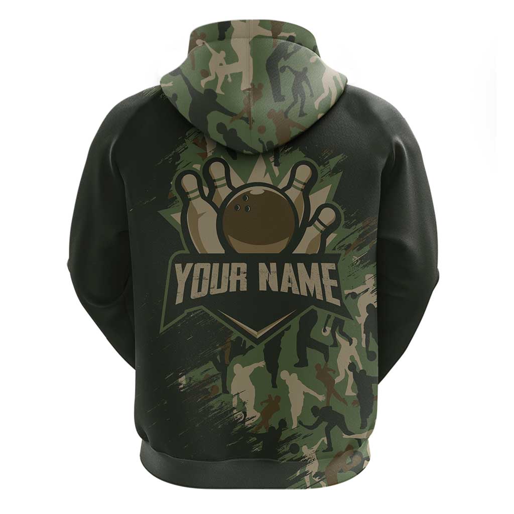 Bowling Camouflage Pattern Hoodie with Ball and Pins Graphic in Army Green and Beige Brushstroke Design TS04
