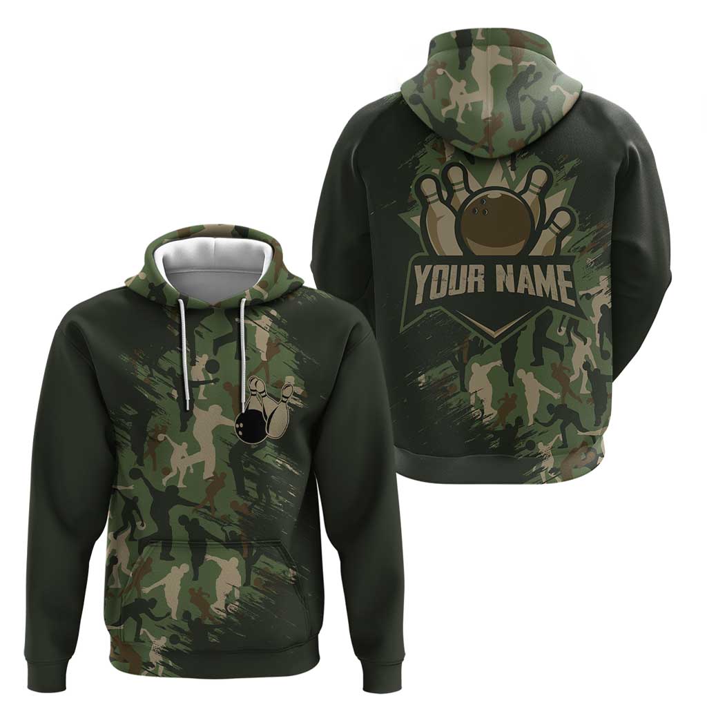 Bowling Camouflage Pattern Hoodie with Ball and Pins Graphic in Army Green and Beige Brushstroke Design TS04
